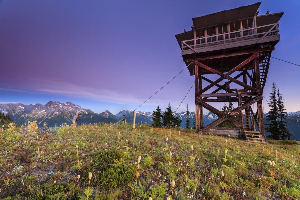 Fire tower with wild flowers in foreground and purple sky in background