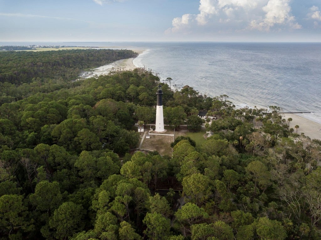 Aerial view of the light house on hunting island.