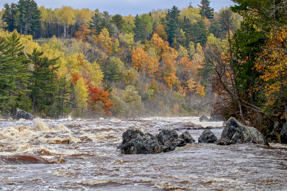 Rushing river with fall foliage in background