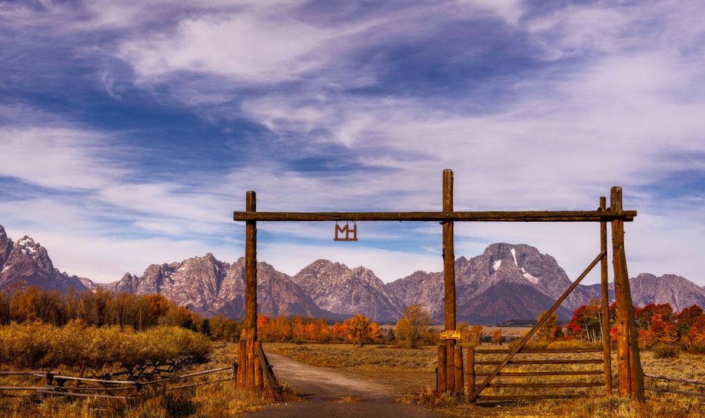 Dude ranch wooden entrance in the Grand Tetons, Wyoming.