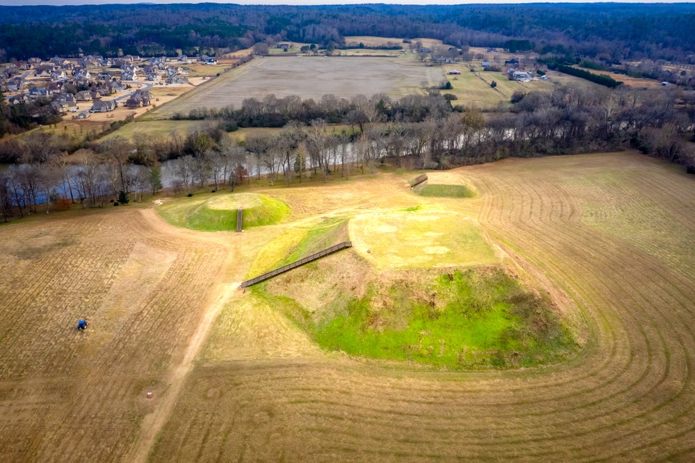 Aerial image of the Etowah Indian Mounds.