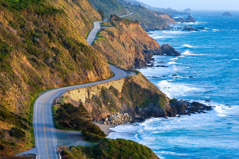 Wide angle view of the Pacific Coast Highway with rocky coast