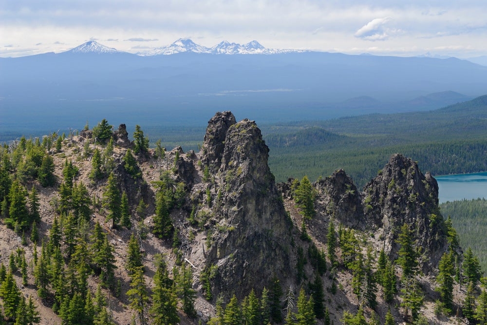 View of jagged rocks and trees with mountains in background 