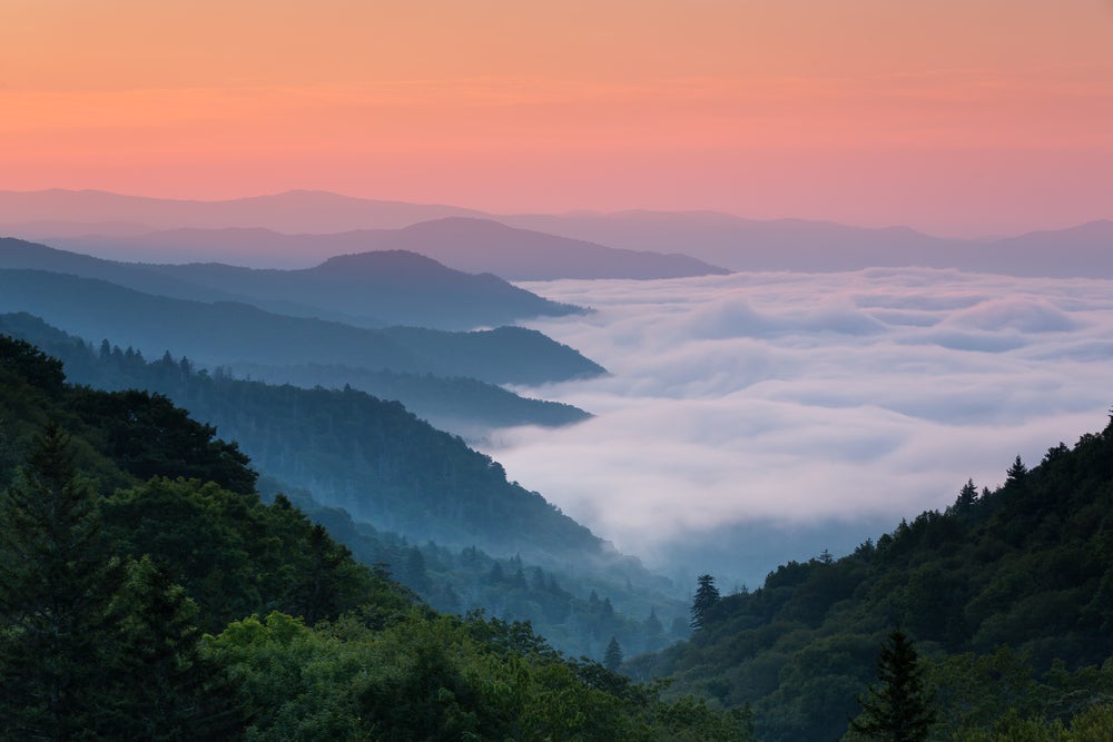 Great smoky mountains view from a peak overlooking clouds in the valleys below.