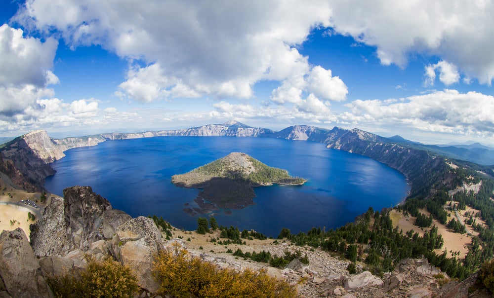 Wide angle shot of Crater Lake with island in giant lake 