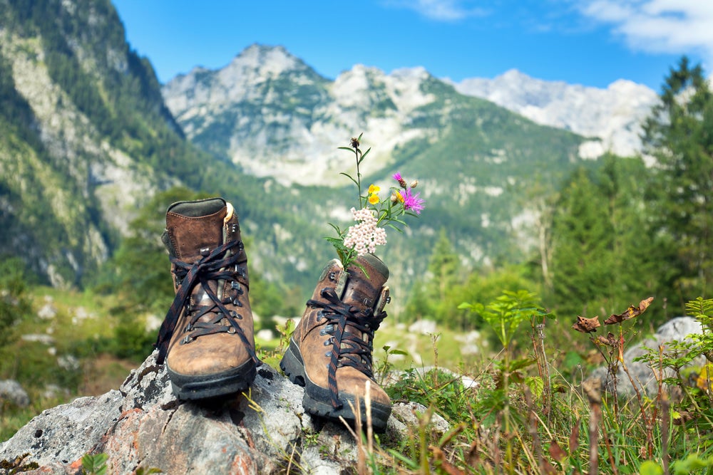 Hiking boots with flowers in them on a rock with mountains in the background 