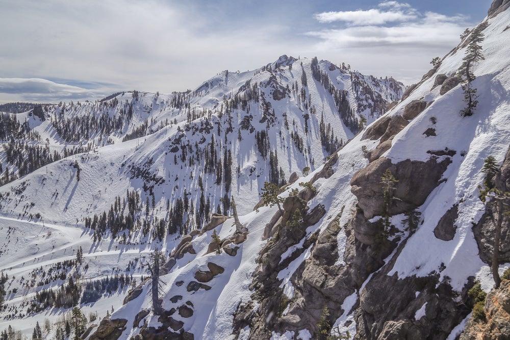 Aerial view of slopes at Squaw Alpine resort during winter in Lake Tahoe.