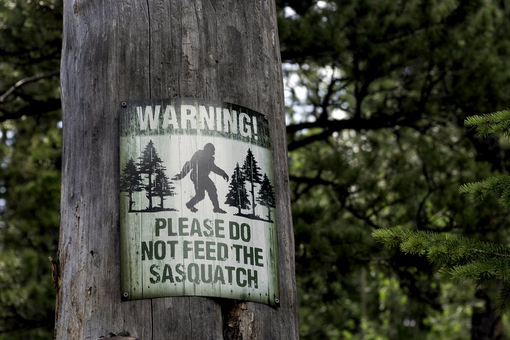 Sign on tree that says: Please Do Not Feed The Sasquatch