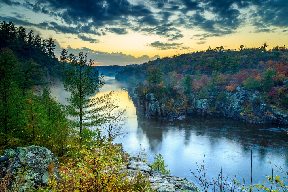 St. Croix River with large rock formation along river