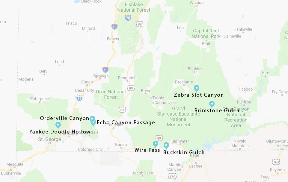 Map of the seven canyons listed below.