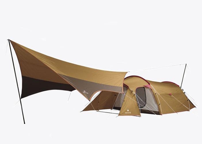 product image of snow peak's tarp and tent setup against a white background