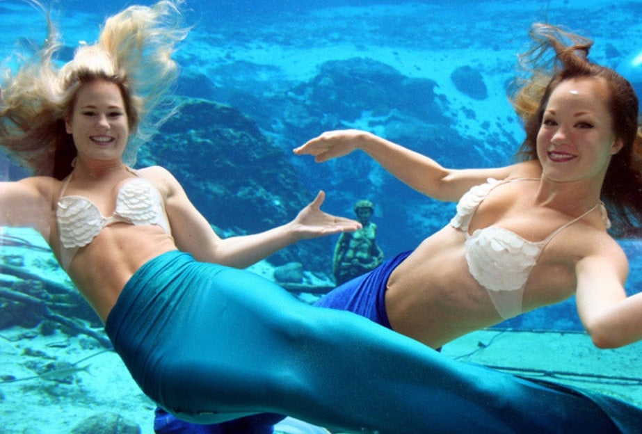 weeki wachee mermaids float in underwater enclosure