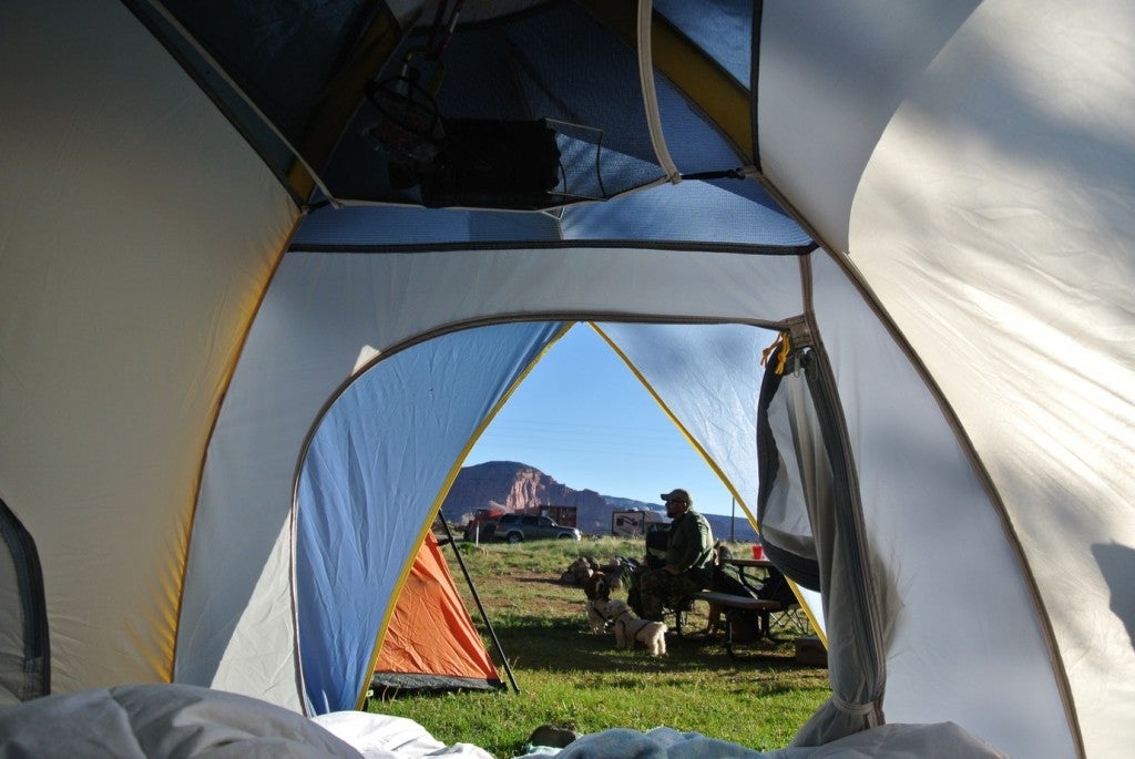 view from inside tent of man sitting at picnic table beside small dog
