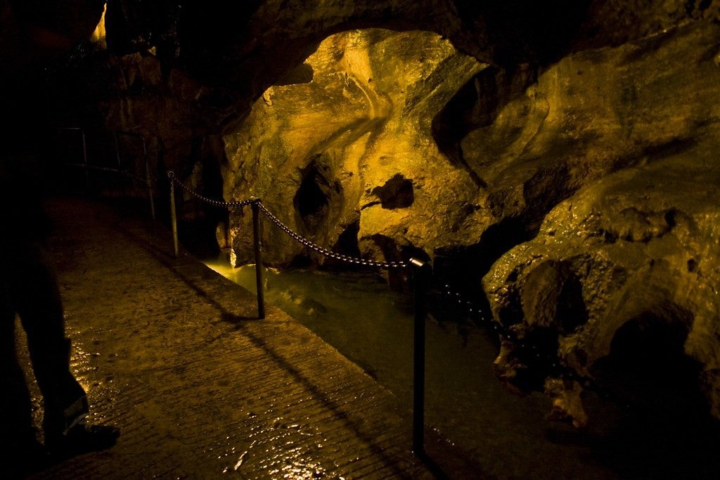 a dark cavern with a stone pathway leading through in Linville, NC