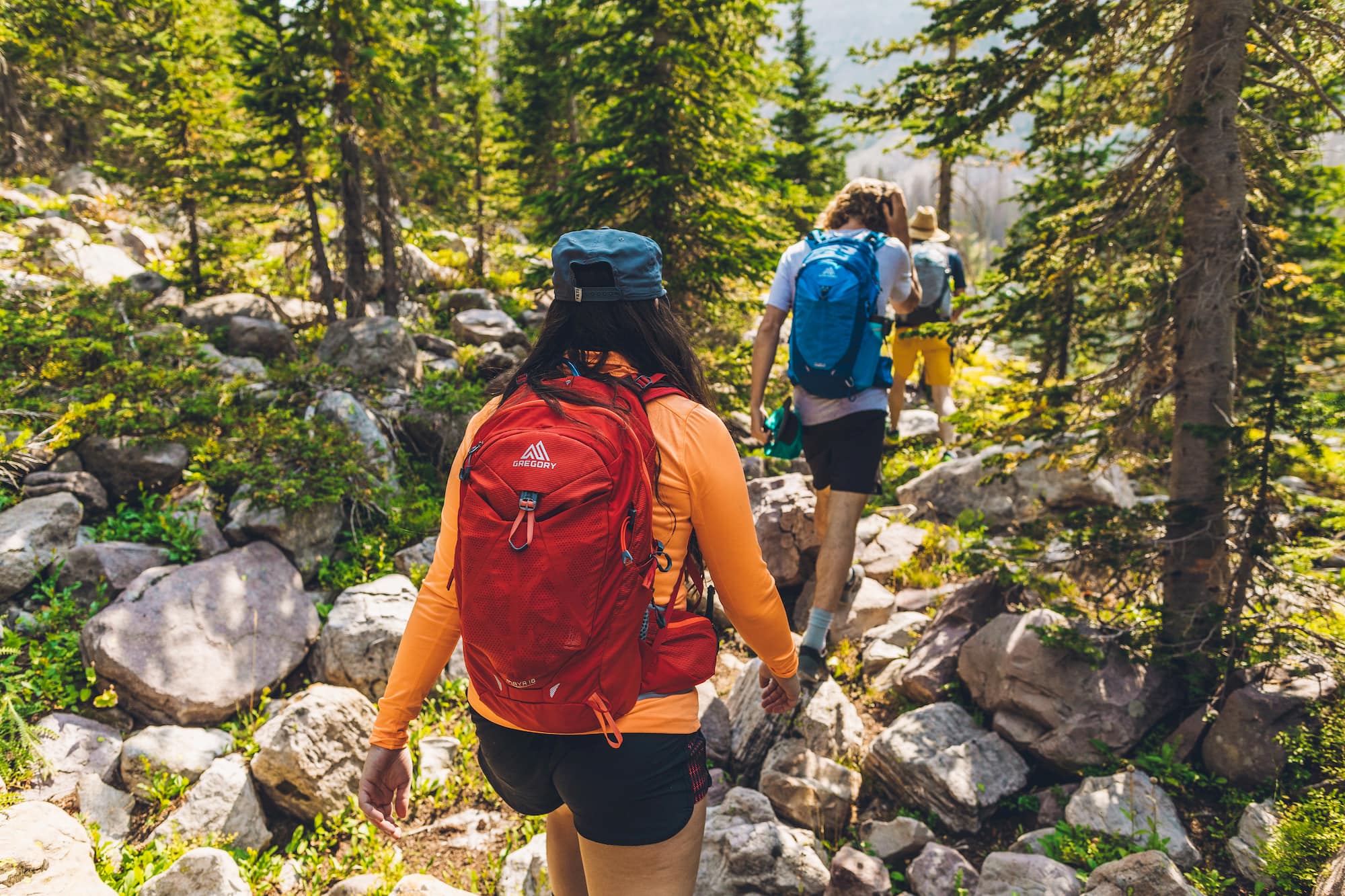 Two people walking along creek bed in a forest