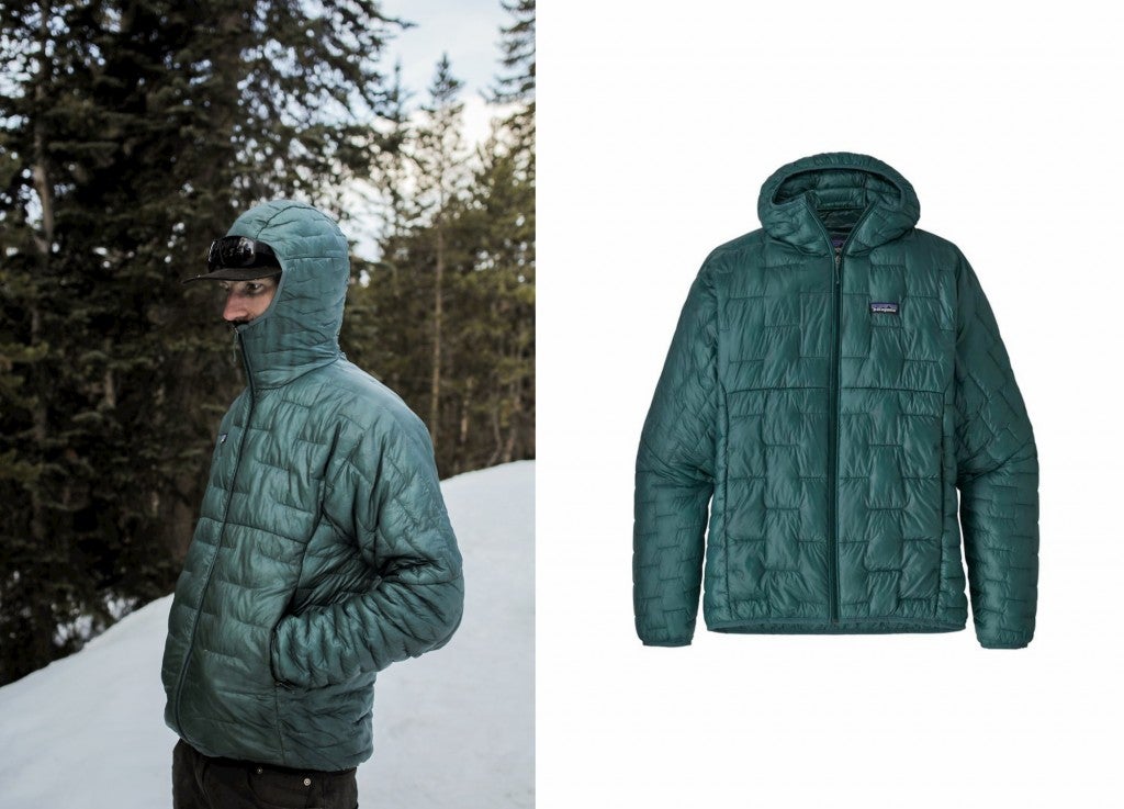 a man wearing a patagonia packable jacket in the snow, and the same jacket in a product image