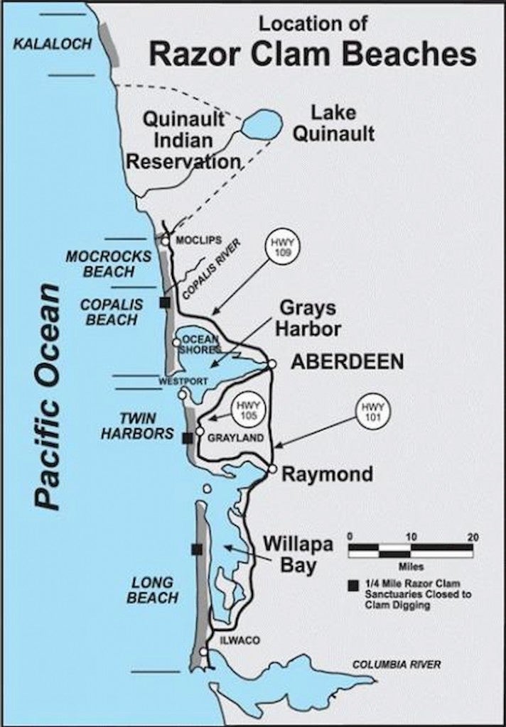 a map of beaches for razor clam digging in washington