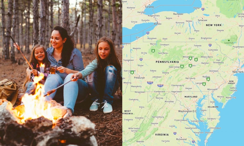 left: family roasting marshmallows, right: map of campgrounds listed below