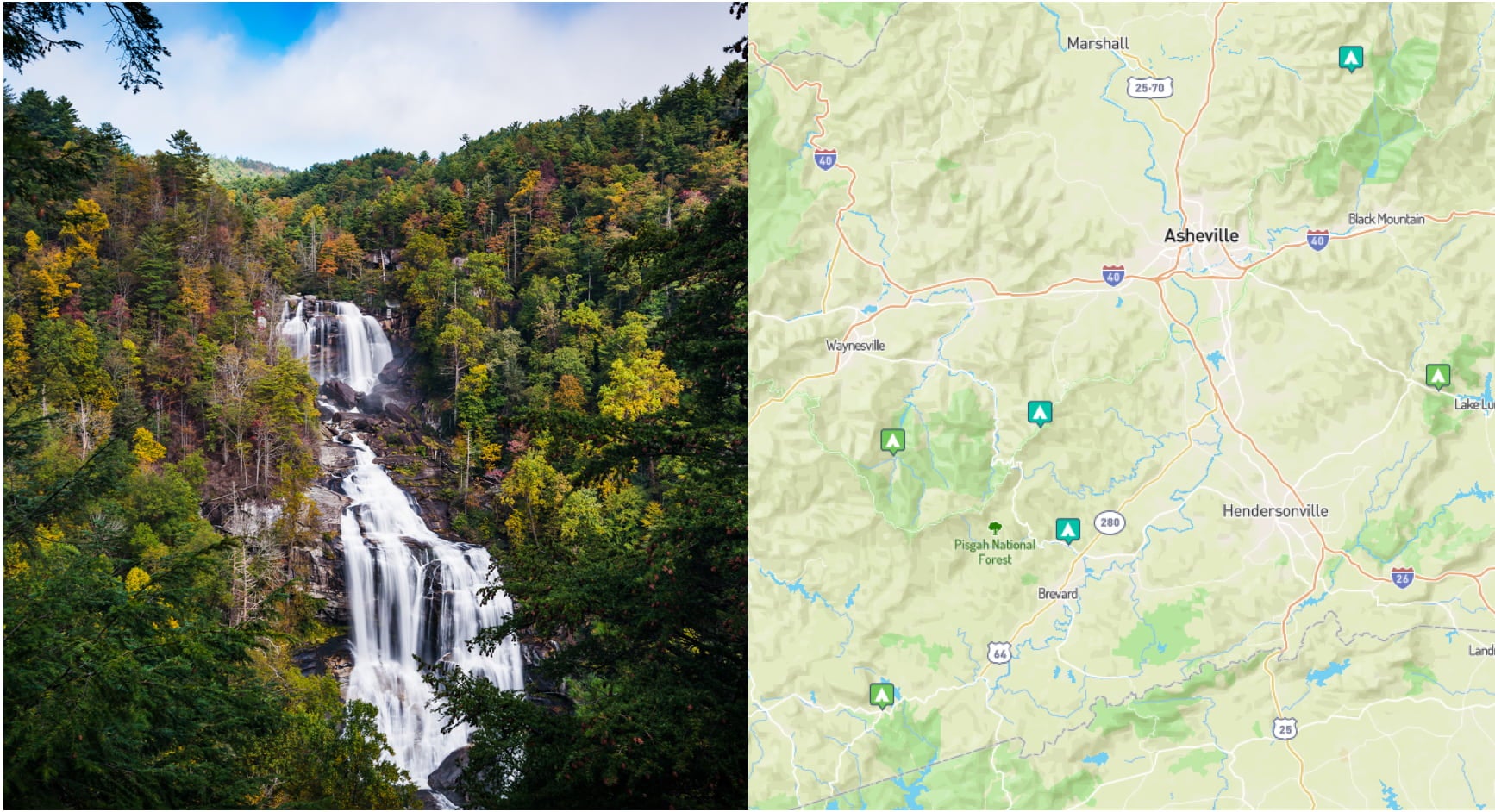 a waterfall in north carolina and a map of campgrounds near waterfalls in north carolina