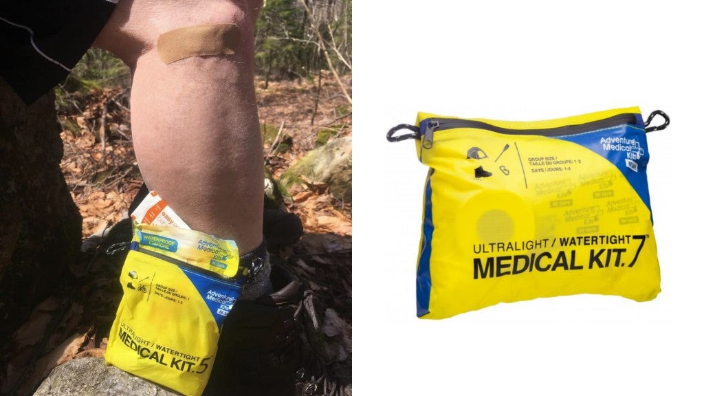 (left) first aid kit leaning against hiker's leg with bandage on knee, (right) product shot of backpacking first aid kit