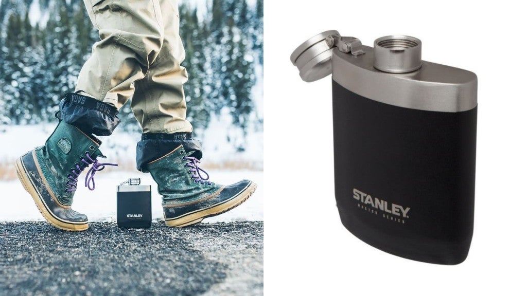 (left) person in snow boots steps over flask with snowy landscape in background, (right) product shot of a stanley flask