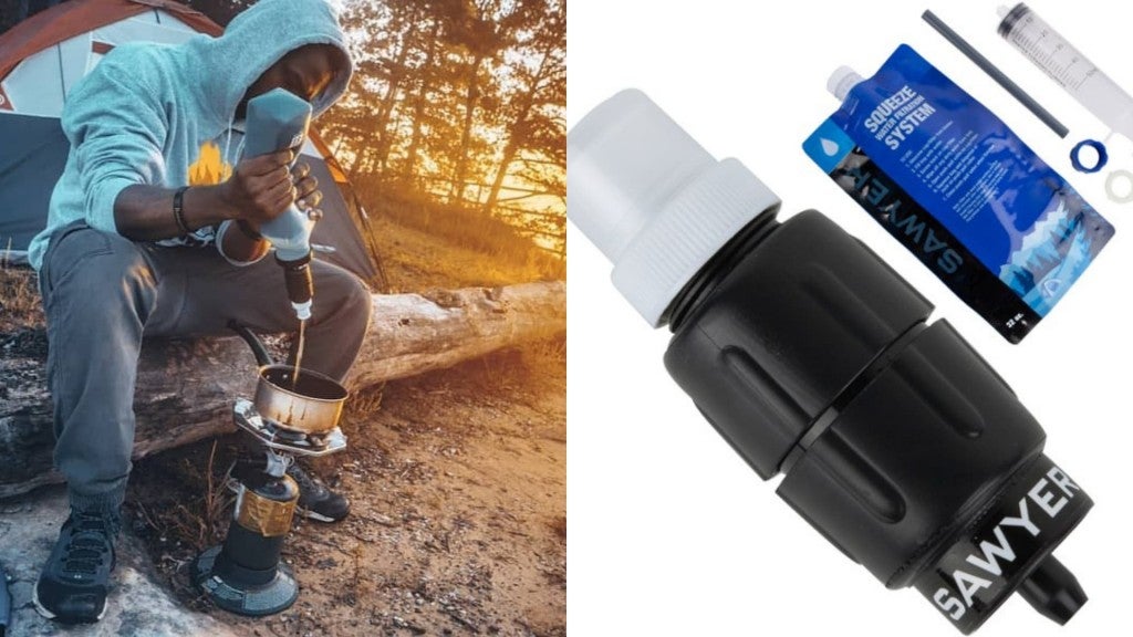 (left) man sitting on log in front of tent using squeezable water filter to fill cooking pot (right) product shot of sawyer system