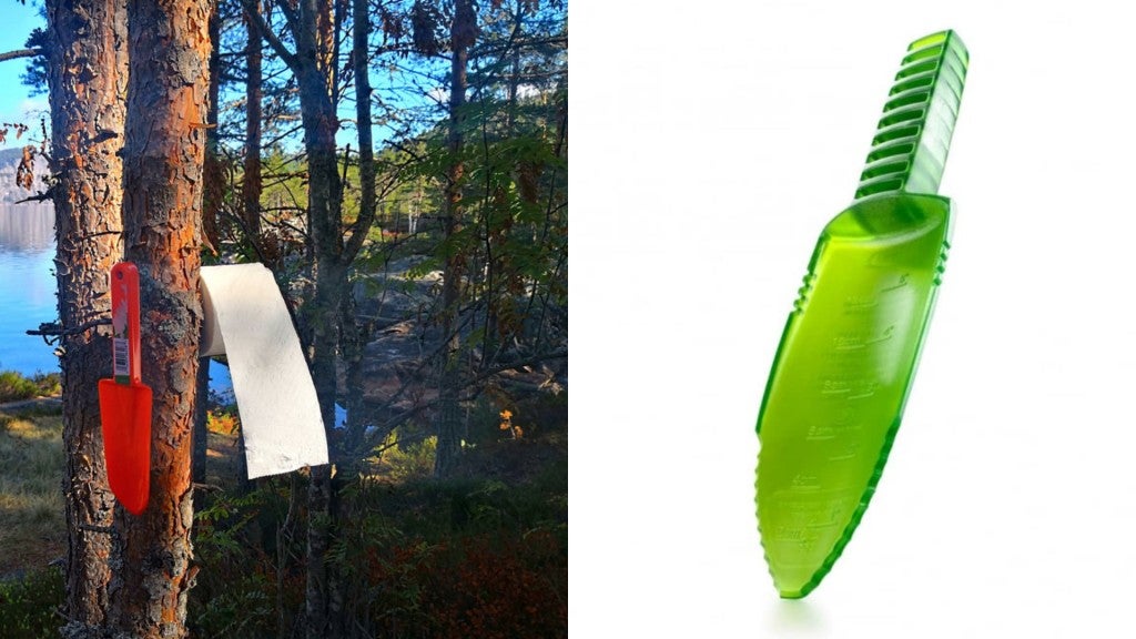 (left) plastic trowel and toilet paper hang on tree branch with lake peaking through trees in background, (right) product shot of green plastic sanitation trowel