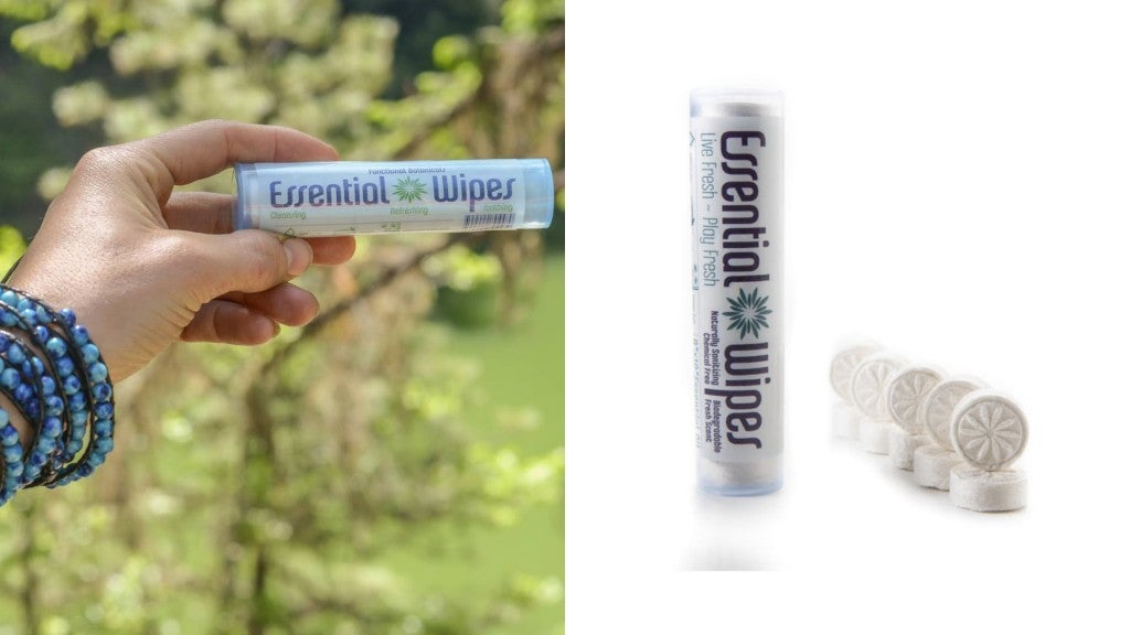 (left) close up of hand with beaded bracelets holds tube of essential wipes against forested background, (right) product shot of essential wipes