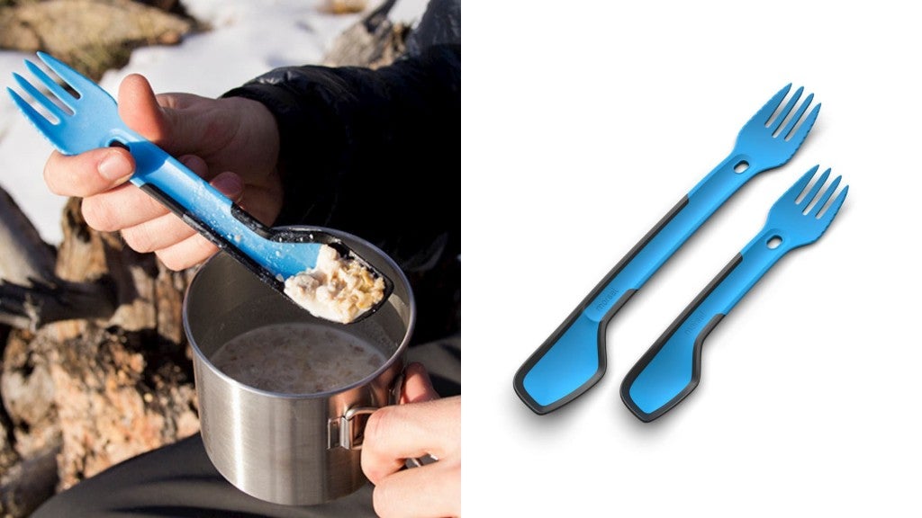 (left) Eating oatmeal out of mug on the trail with a spork (right) product shot of 2 blue morsel sporks
