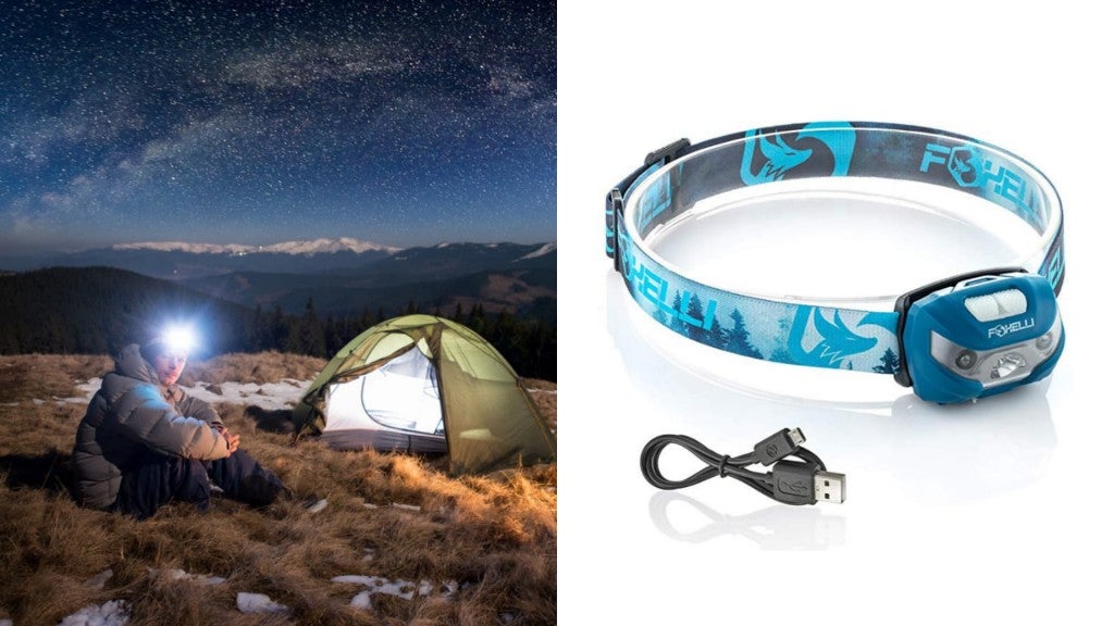 (left) man wearing headlamp sits at campsite on top of mountain at night, (right) product shot of blue headlamp