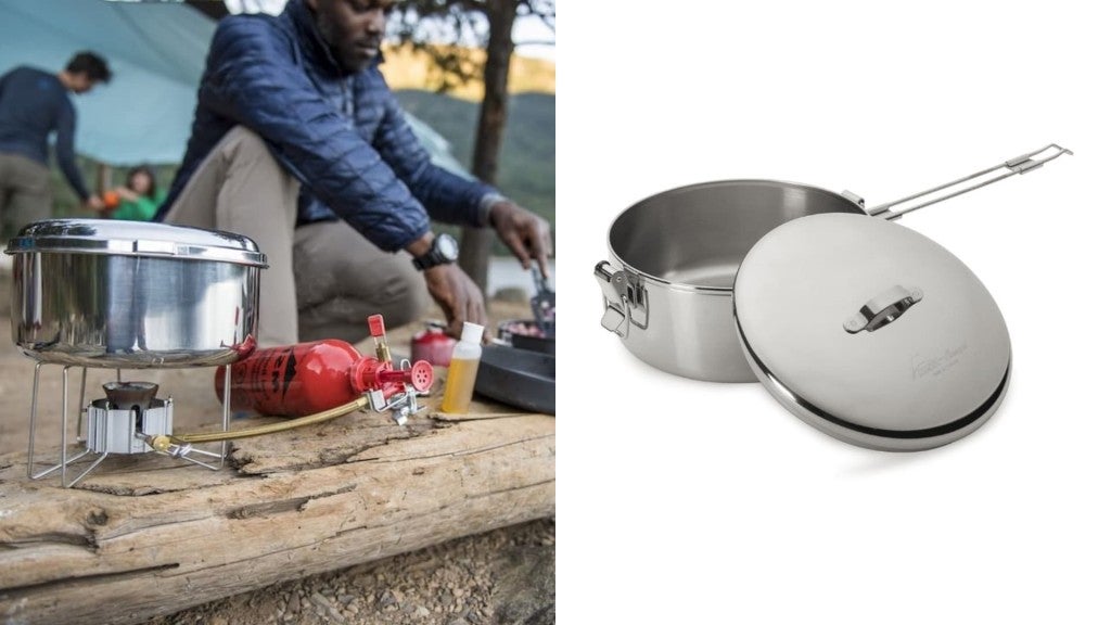 (left) man cooking on log with stove and pot in the foreground, (right) product shot of silver camping pot