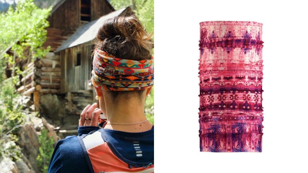 (left) woman wearing buff around her head, looking towards old log building in forest, (right) product shot of buff protective headwear