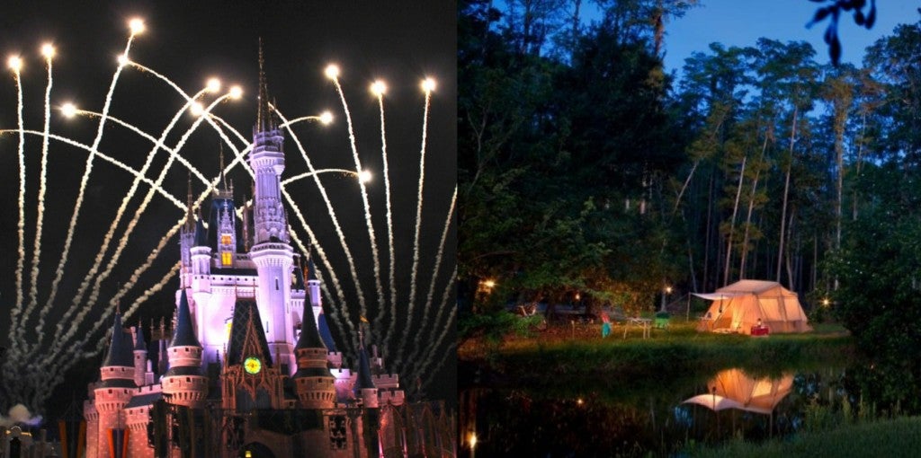 Left: Disney castle with fireworks. Right: Campsite with lit up tent