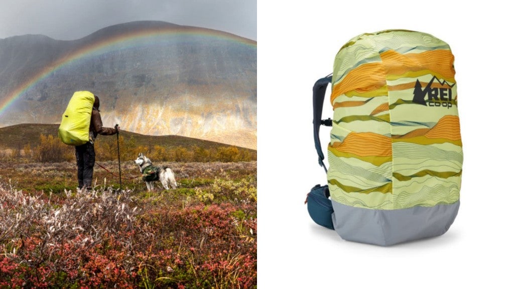 (left) backpacker with dog stand in rain in meadow with rainbow and mountains in the background, (right) product shot of pack rain cover