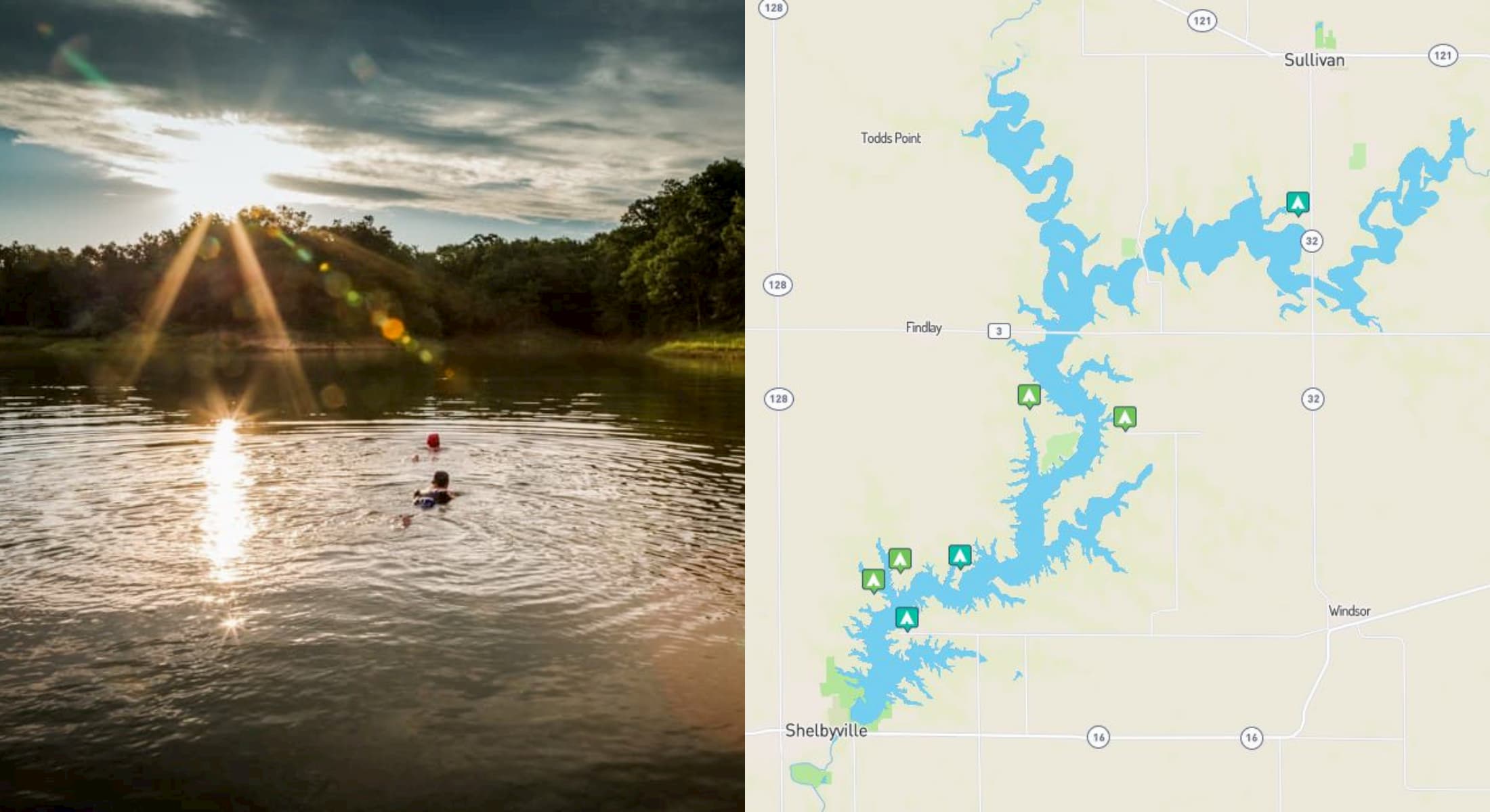 split image with sun rising over lake with 2 swimmers on left and on the right is a map of campgrounds on lake shelbyville