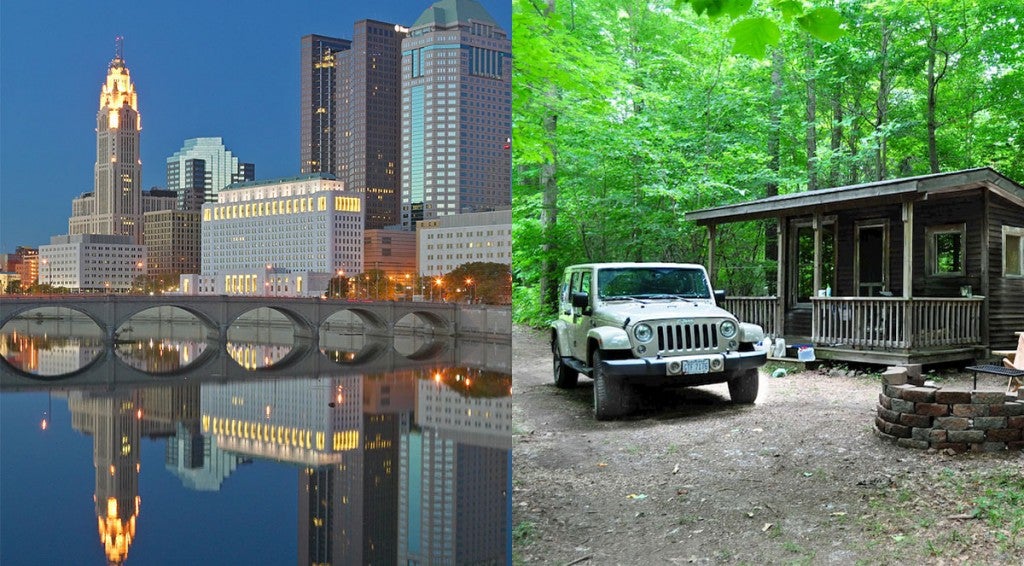 (left) Columbus, OH skyline reflecting on water at dusk (right) white Jeep parked outside of Ohio camping cabin