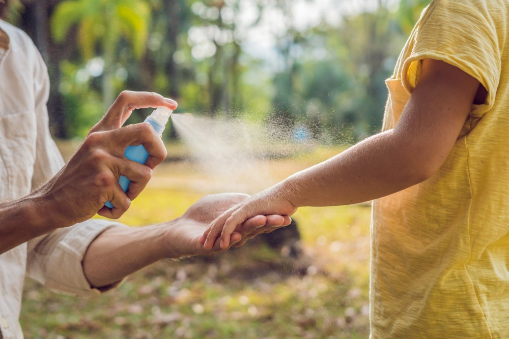 Adult applying bug spray to a kid.