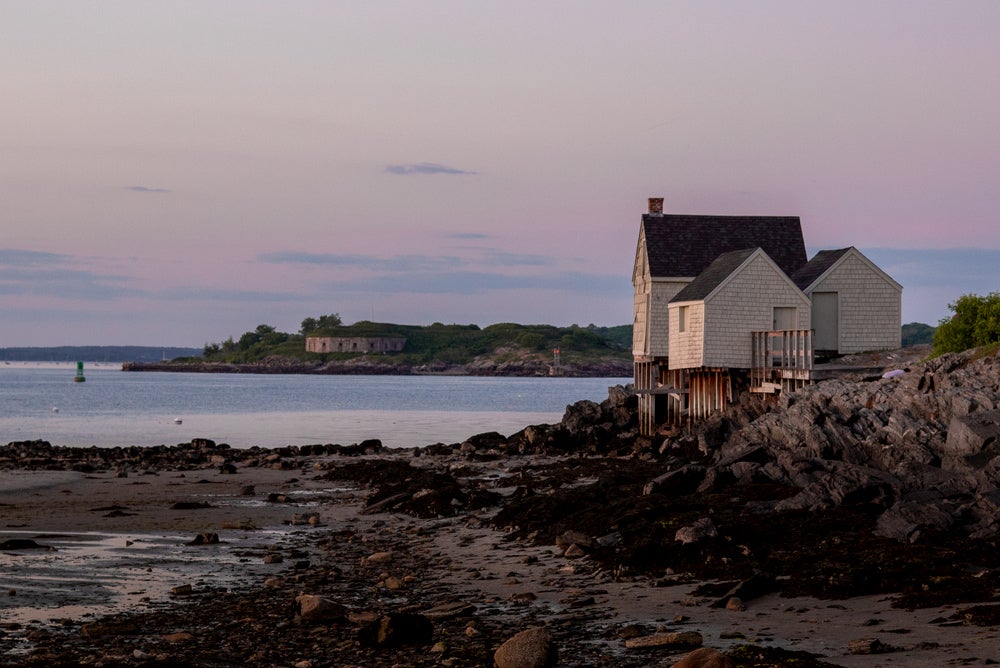 Coastal cottages on stilts in Portland, Maine.