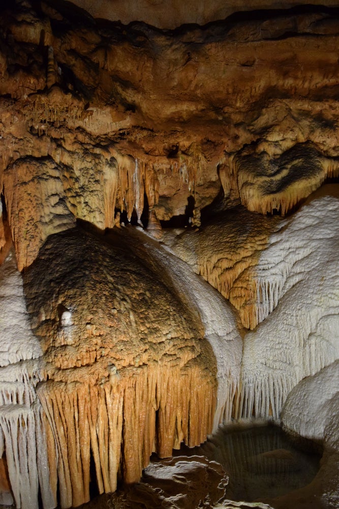 Fisher cave with brown and grey dripping stalactites.