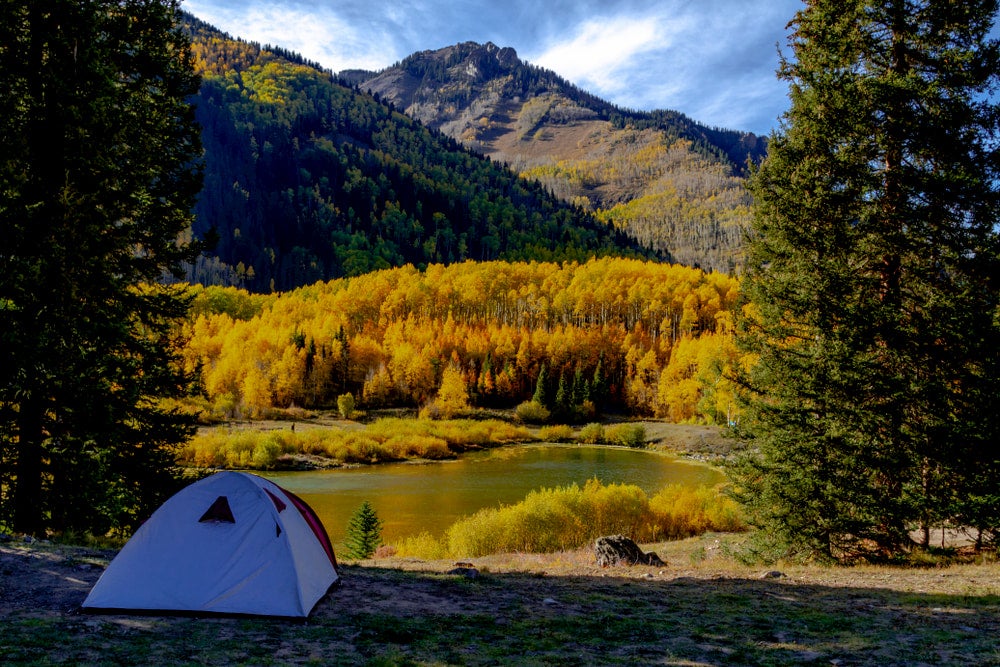 Campsite beside alpine lake in Ouray, CO.