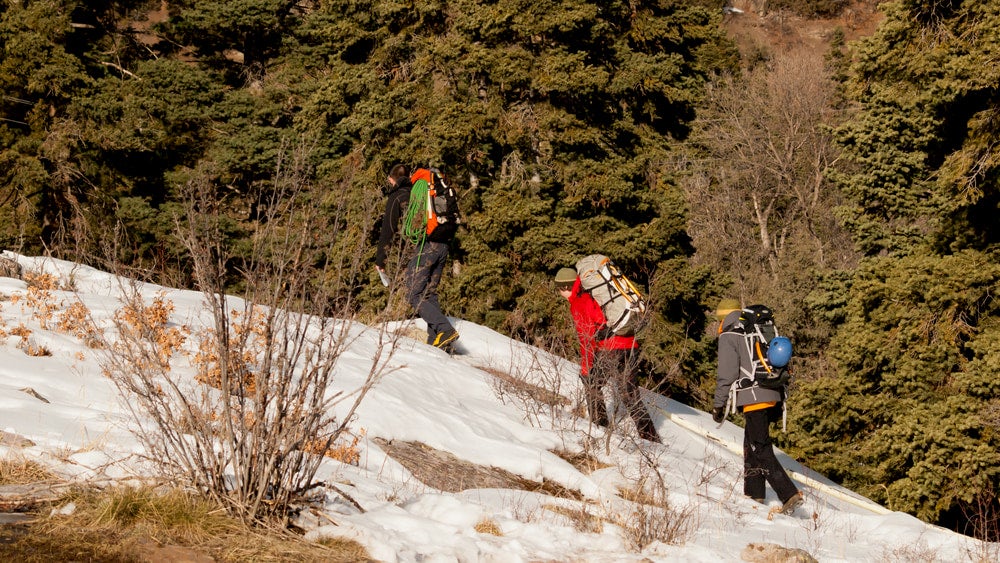 Ice climbers hiking up during Ouray's Ice Festival.