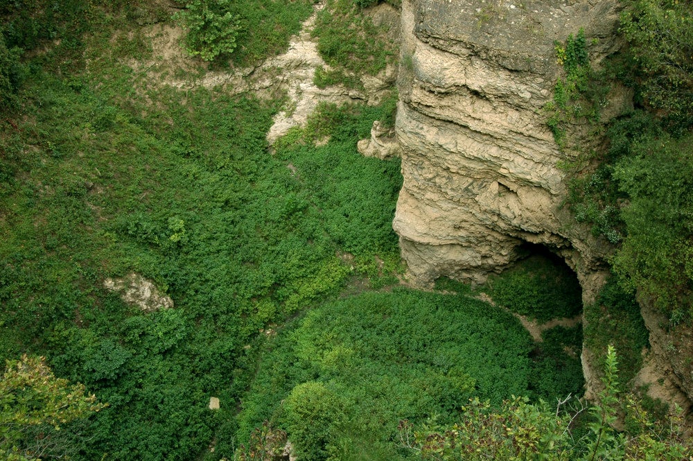 Aerial view of little grand canyon caves in missouri in Grand Gulf State Park.