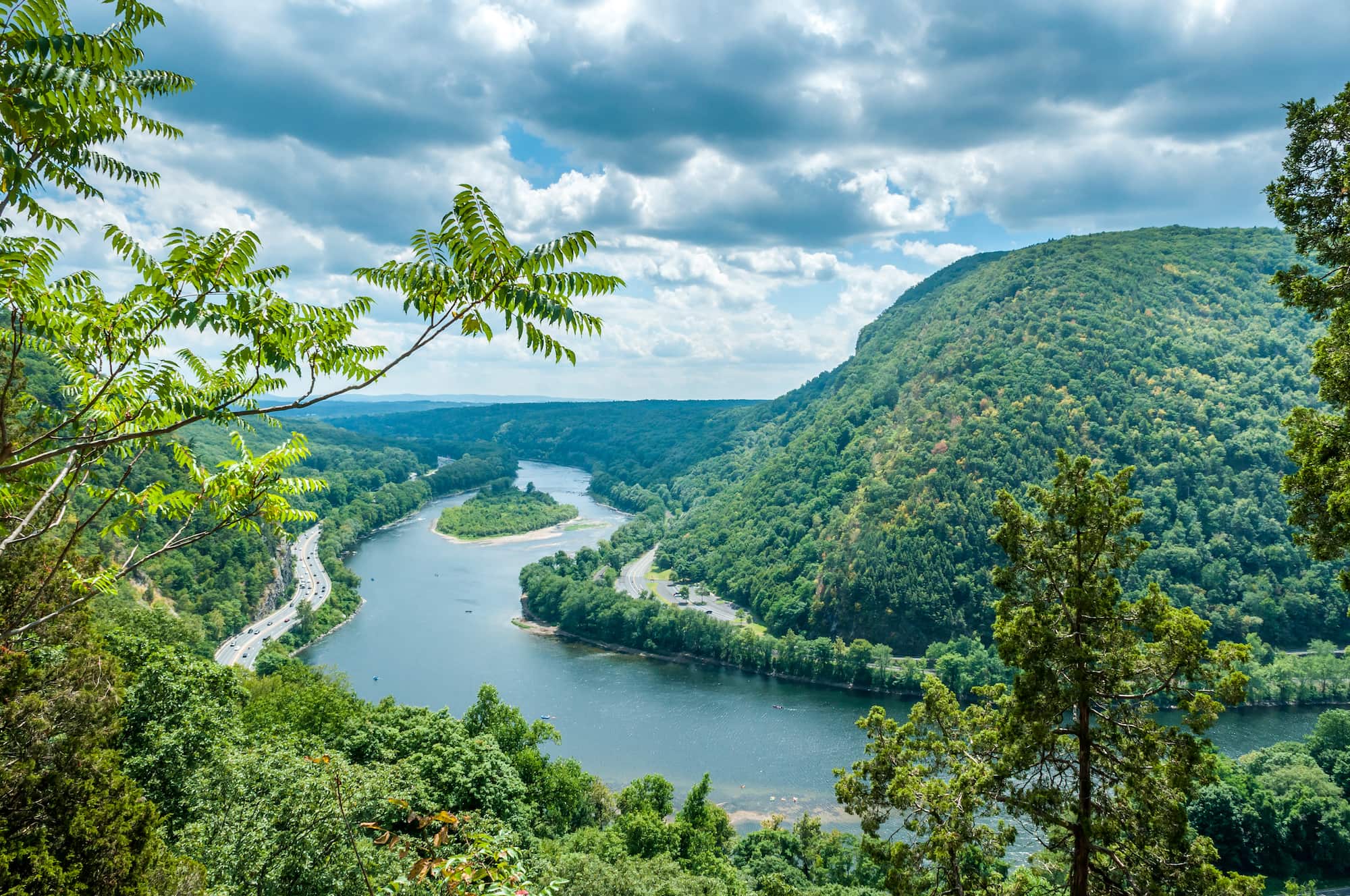 aerial view of tree-covered hills in the delaware water gap area