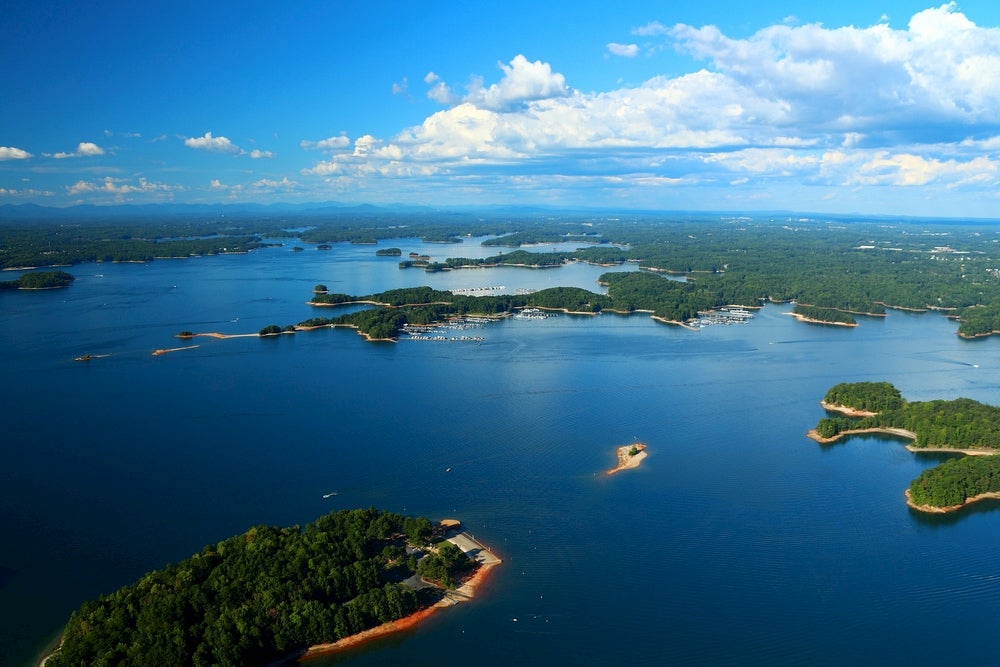 Aerial view of lake with islands in the middle 