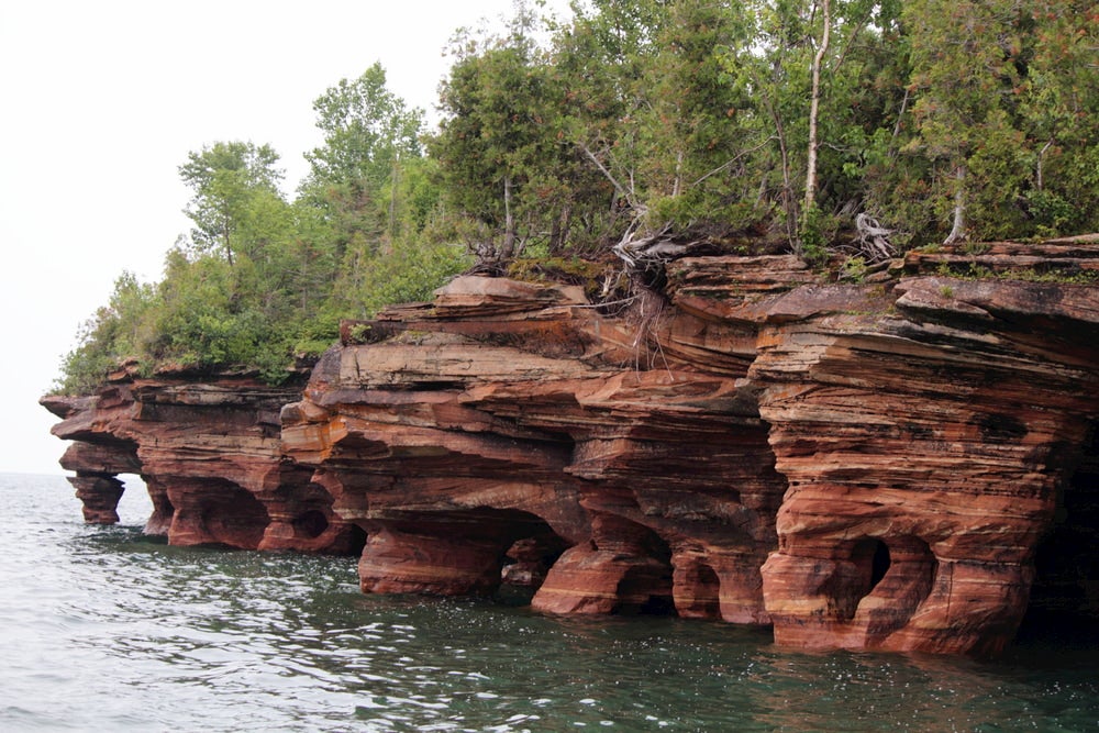 Wide angle photo of layered rocks and trees on them 