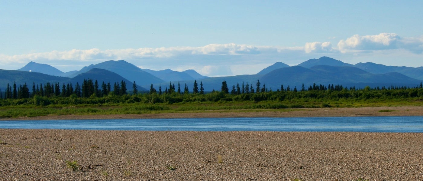 River and surrounding sandy banks in the mounain landscape of Kobuk Valley National Park.