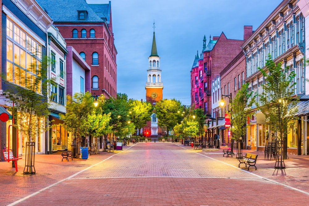 the burlington, vermont cityscape at dusk