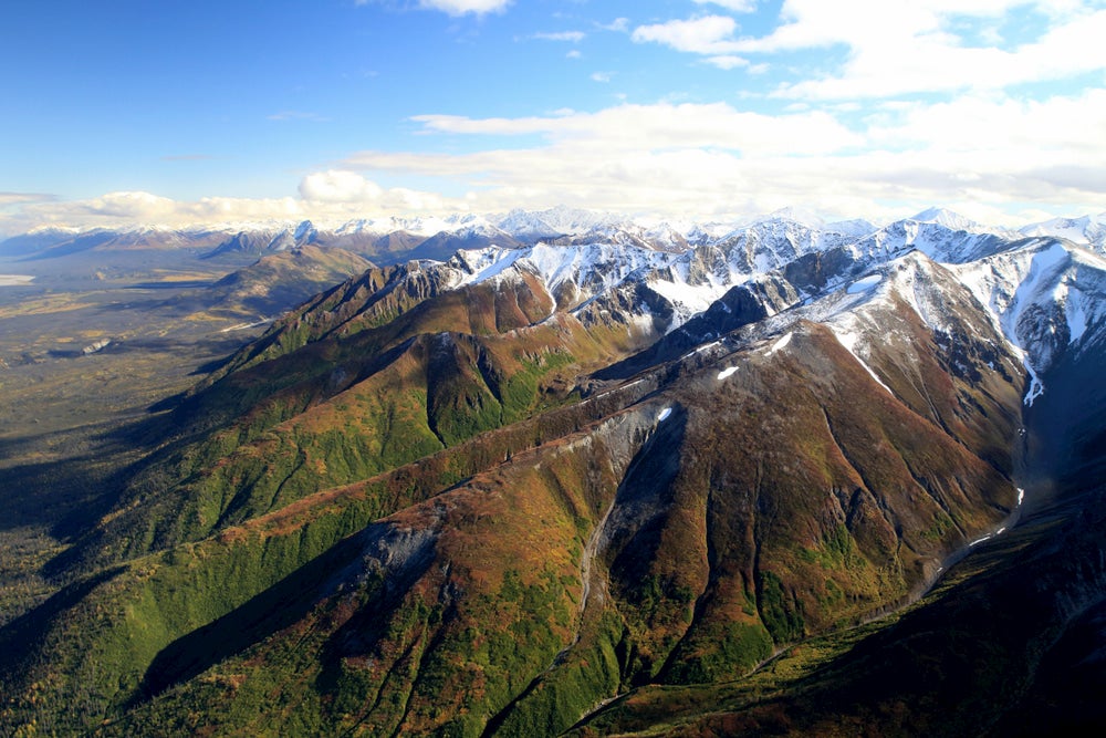 Aerial image of the mountains in Wrangell-St. Elias National Park.