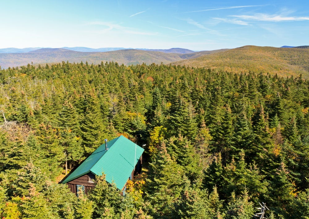 Landscape of the Balsam Lake Mountain Forest with a cabin.