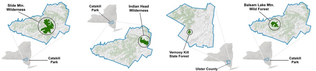 Diagram showing the location of different wilderness areas in the Catskills.